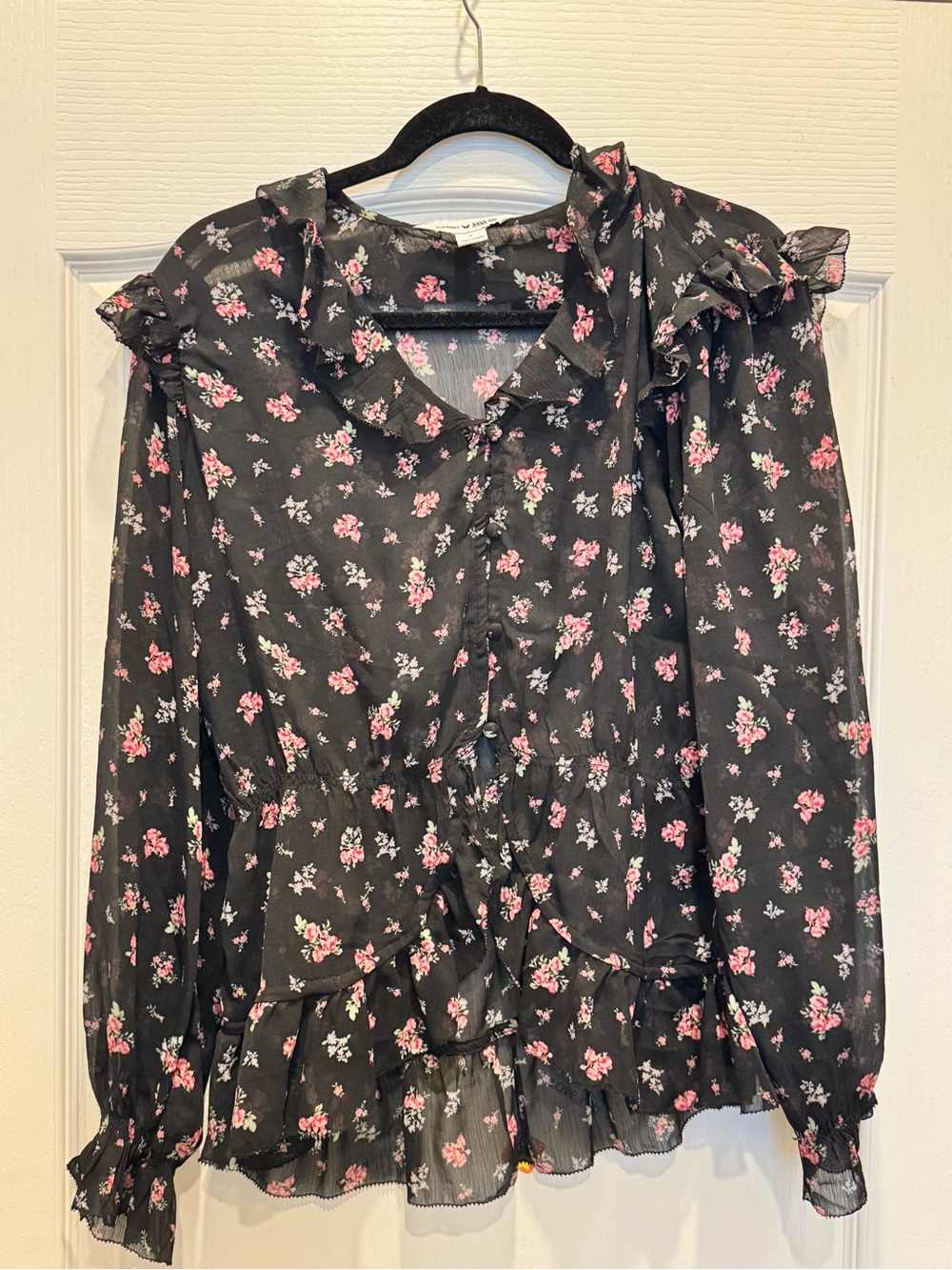 Old Navy Black Floral Ruffled Sheer Blouse with Pink Flowers